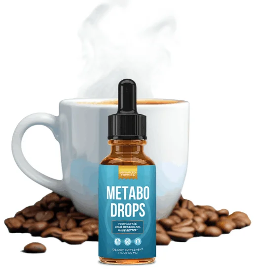 Bottle of Metabo Drops next to a steaming cup of coffee